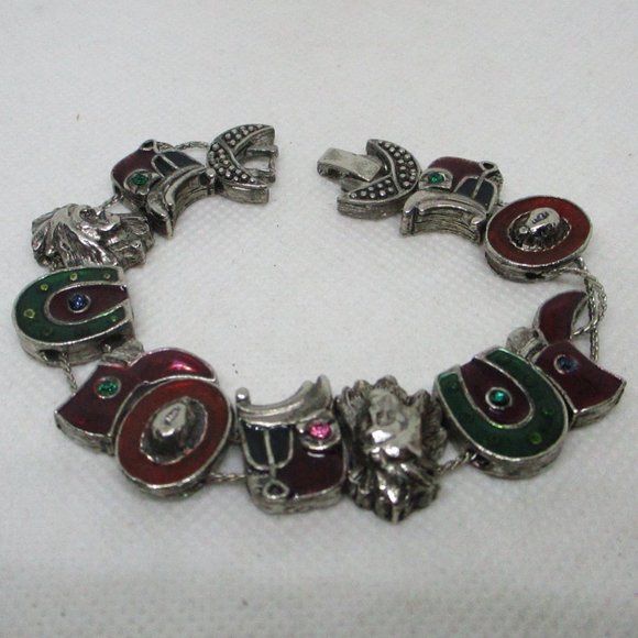 Western Slide Bracelet Rhinestone Enamel Charm Silver Tone Bracelet - Picture 4 of 9